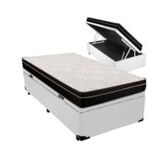 Cama Box Baú Solteiro 88 Tecido Sintético Branco Com Colchão Paris De Molas Ensacadas Preto 66x88x188