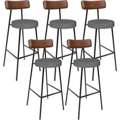 Kit 5 Banqueta Alta Cozinha Sala Jantar Milão L02 Couríssimo Marrom Linho Cinza Escuro - Lyam Decor