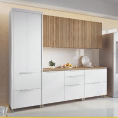 Cozinha Completa em MDF Nesher Paris Ripada com 270 cm de Largura, 8 Portas, 6 Gavetas e 12 Prateleiras - Branco/Nature