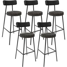 Kit 05 Banquetas Alta Bar Cozinha Sala De Jantar Milão L02 Couríssimo Preto Linho Chumbo