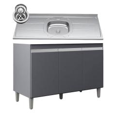 Balcão De Cozinha Com Pia Inox 120cm 3 Portas Manu Cinza - Ajl Móveis