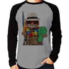 Camiseta Raglan Gato nas Férias Manga Longa - Foca na Moda, Cinza, Pre