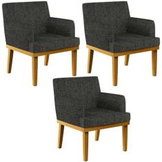 Kit 03 Poltronas Decorativas Para Sala de Estar Beatriz W01 Linho Chumbo - Lyam Decor