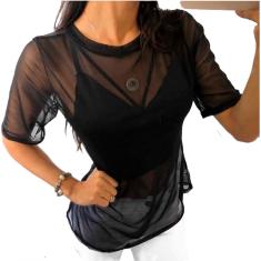 Blusa Feminina Camiseta T-shirt Tule Transparente Manguinha