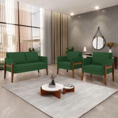 Kit 1 Sofá Namoradeira e 2 Poltronas Lana Veludo Base de Madeira D03 -