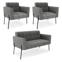 Sofá Namoradeira E 2 Poltronas Pé De Ferro Preto Elisa Linho D03 - D'rossi Cor A26 Grafite