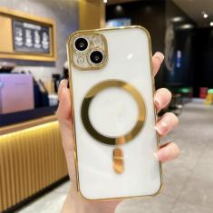 Capa de carga magnética sem fio luxuosa revestida para iPhone 14 13 12 Mini 11 Pro XS Max X XR 7 8 Plus Capa macia transparente, dourada, para 7Plus, 8Plus