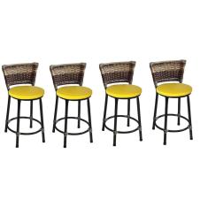 Kit 4 Banquetas Baixas Preta com Encosto Junco Capuccino Assento Amarelo