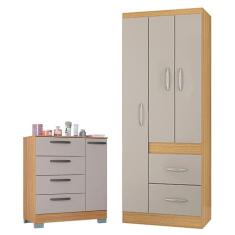 Cômoda 868 4 Gavetas e 1 Porta com Guarda Roupa Solteiro Milão 3 Portas Damasco Off White - Poquema