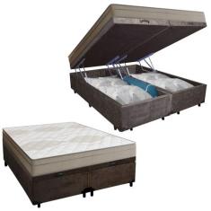 Cama Box Baú Casal Bipartido Suede + Colchão de Molas Ensacadas Portob