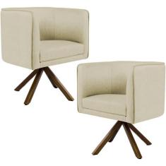 Kit 02 Poltronas Decorativa Base Giratória de Madeira Betina D02 Linho