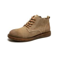 Sapatos masculinos casuais de couro genuíno de cano alto - Calçado de camurça retrô britânico com sola plana de grão de madeira, Amarelo, 38