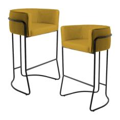 Kit 02 Banquetas Fixa Preto Veludo Mostarda C-279