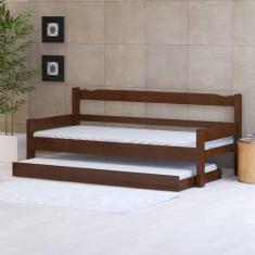 Sofá cama solteiro de madeira maciça com cama auxiliar e colchão Nemargi Castanho