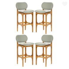 Kit 4 Banquetas Alta Estofada Rafine Madeira Maciça Castanho Linho Verde