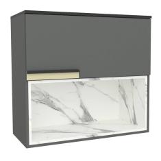 Armário Aéreo 80cm 1 Porta Basculante 1 Nicho Cozinha Flórida Grafite / Calacatta