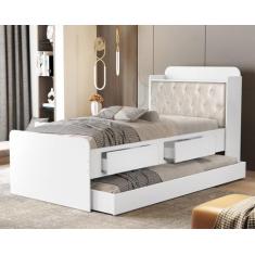 Cama Solteiro em MDF com estrado de madeira Tamires Capitone Com Gavet
