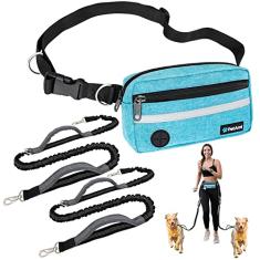 PetAmi Coleira para cães mãos livres, correia para corrida de cães para passear, correr, bolsa com zíper para cintura de cachorro com dispensador de saco de cocô, alças duplas acolchoadas, coleira elástica durável refletiva, dupla