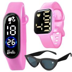 Relógio Digital Infantil Rosa Barbie Quadrado + Relógio Bracelete + Óculos Sol Proteção UV  - Orizom Kids