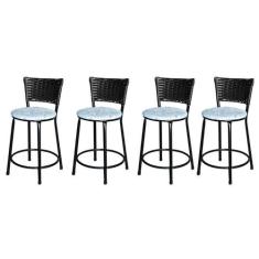 Jogo 4 Banqueta Baixa Para Cozinha Ratan Preta Estofado Floral - Lamar