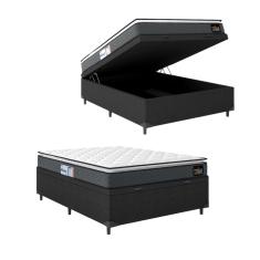 Cama Box Baú Casal Colchão Espuma D33 Pillow Top Millenium 138x188x60cm Cinza/Preto Hellen - Suporta até 120kg por Pessoa