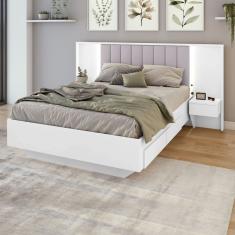 Cama Casal 140cm Com Usb, Usb-c 2 Mesa De Cabeceiras Solaris Branco/bege