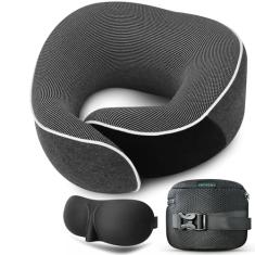 Proglobe Almofada de pescoço para viagem 100% espuma viscoelástica – Kit essencial de viagem de avião e carro com máscara 3D para os olhos, tampões de ouvido e bolsa de malha – Almofada de suporte