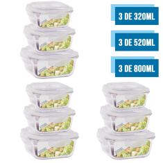 Conjunto 9 Pote Vidro Hermético 3 Tamanho Marmita Kit Quadra
