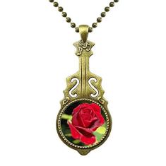 DIYthinker Colar moderno com rosas vermelhas, flores Art Deco, presente moderno com pingente de música de guitarra antiga