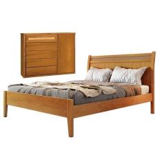 Conjunto Quarto de Casal Cama Queen e Cômoda 5 Gavetas com Sapateira e Detalhes Rattan Unique Amêndoa Mel