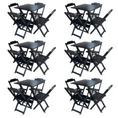 Kit 6 Conjuntos de Mesa com 4 Cadeiras de Madeira Dobravel 70x70 Preto