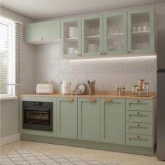 Cozinha Modulada 6 Peças com Tampo, Portas de Vidro e Balcão de Embuti