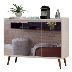 Buffet Aparador Retrô Com Espelho Delux 3 Portas Branco Gloss - Moveisaqui