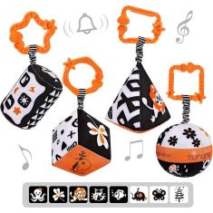  Conjuntos de formas de alto contraste, brinquedos de bebê, brinquedo de carrinho preto e branco para assento de carro, anéis de chocalhos de pelúcia 