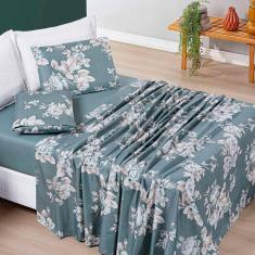 Jogo Cama Lençol Celi Casal Padrão Micropercal 200 Fios 4 Peças - Verde Floral
