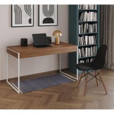 Mesa de Escritório Industrial Malta Amêndoa 137x53cm Base Ferro Branco