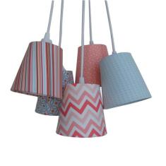 Lustre Pendente Luminária Cacho 5 Cúpulas Tecidos Estampados Rosa e Az