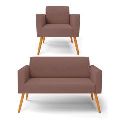 Sofá Namoradeira Com Poltrona Pés Palito Castanho Marisa Veludo D03 - D\`rossi Cor Rose