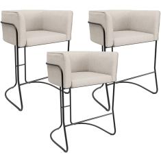 Kit 03 Banquetas Baixa Base de Aço Preto Betina D02 Linho Cru D-461 - Lyam Decor