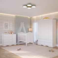 Quarto de Bebê com Guarda Roupa 4 Portas Cômoda Berço 2 em 1 100MDF La