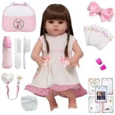 Boneca Tipo Reborn Enxoval Completo 20 Itens Vestido Branco - Cegonha 