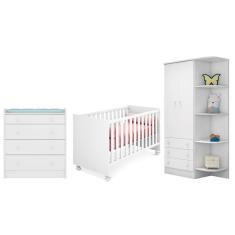 Quarto infantil Guarda Roupa, Cômoda Trocador e Berço Mini Cama Americano Branco – Qmovi
