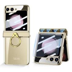 Capa de celular Furwabo para Samsung Galaxy Z Flip 5, Transparente, Galvanizada, Antichoque, Proteção para dobradiça magnética, Suporte de dedo, Película externa, dourado