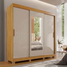 Guarda-roupa 2 Gavetas 3 Portas de Correr com Espelho com Pés Porto Cinamomo / Off White