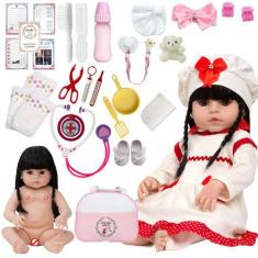 Boneca Tipo Reborn Corpo de Vinil Cabelo Longo Com Itens - Cegonha Reb