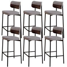 Kit 06 Banquetas Alta Bar Cozinha Sala De Jantar Aço Preto Kaira C01 Linho Cinza Courino Café - Lyam Decor
