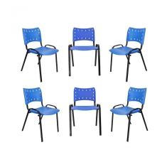 Kit 6 Cadeiras Iso Para Escola Escritório Comércio Azul Base Preta