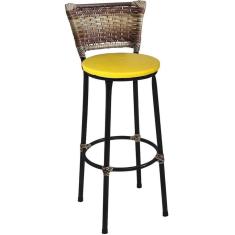 Banqueta Alta Preta com Encosto Junco Capuccino Assento Amarelo