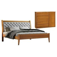 Conjunto Quarto de Casal Cama 140cm e Cômoda 5 Gavetas 1 Porta com Sapateira Amêndoa Mel/Cinza Claro