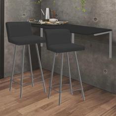 Kit Mesa Suspensa de Parede Fixa mdf Preto + 2 Banquetas Lexi Ferro Cinza Suede Preto - Ahazzo Móveis